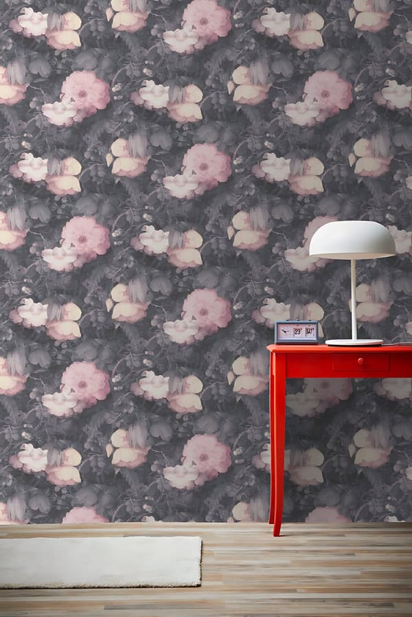 Non woven-tapet blomster Profhome 369212-GU lätt texturerad matt färg grå rosa svart 5,33 m2