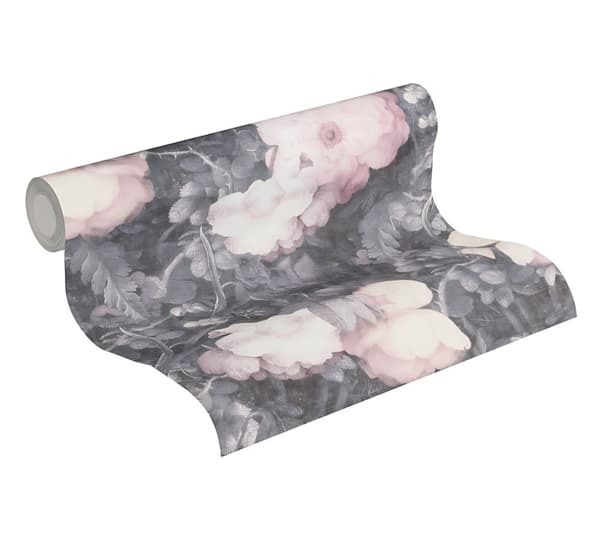 Non woven-tapet blomster Profhome 369212-GU lätt texturerad matt färg grå rosa svart 5,33 m2