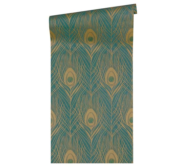 Non woven-tapet fjädermönster Profhome 369714-GU lätt texturerad matt färg grön guld 5,33 m2