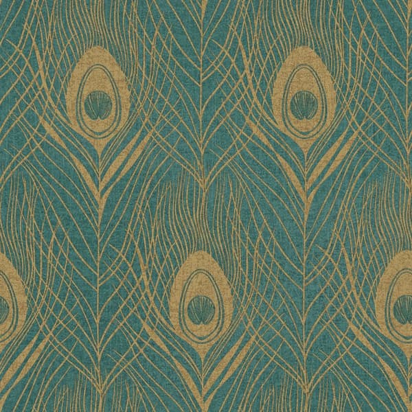 Non woven-tapet fjädermönster Profhome 369714-GU lätt texturerad matt färg grön guld 5,33 m2