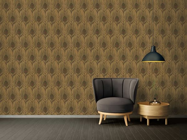 Non woven-tapet fjädermönster Profhome 369718-GU lätt texturerad matt färg brun gul svart 5,33 m2