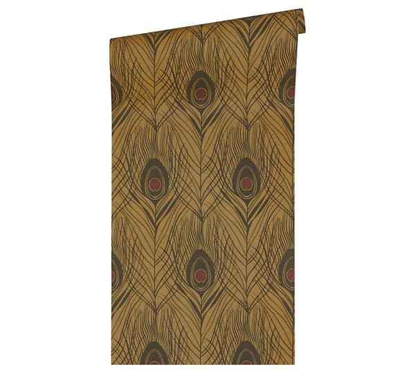 Non woven-tapet fjädermönster Profhome 369718-GU lätt texturerad matt färg brun gul svart 5,33 m2
