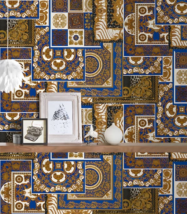 Non woven-tapet design Profhome 370481-GU lätt texturerad glittrande färg guld blå vit 7,04 m2