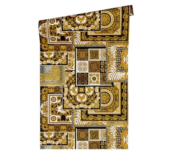 Non woven-tapet design Profhome 370483-GU lätt texturerad matt mönster blank bakgrund färg guld silver svart vit 7,04 m2