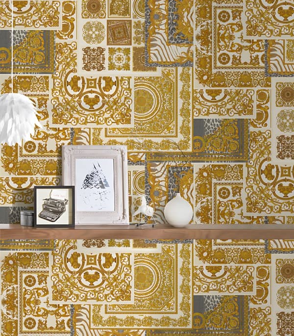 Non woven-tapet design Profhome 370484-GU lätt texturerad glansigt mönster matt bakgrund färg guld silver grå grädde 7,04 m2