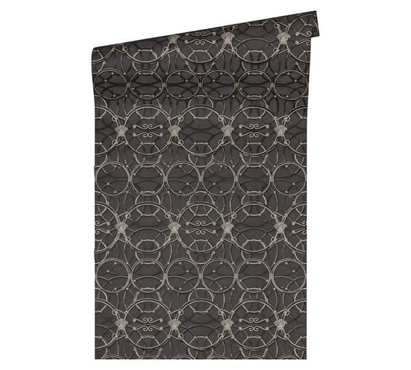 Non woven-tapet ornament Profhome 370494-GU slät glansigt mönster matt bakgrund färg silver svart 7,04 m2