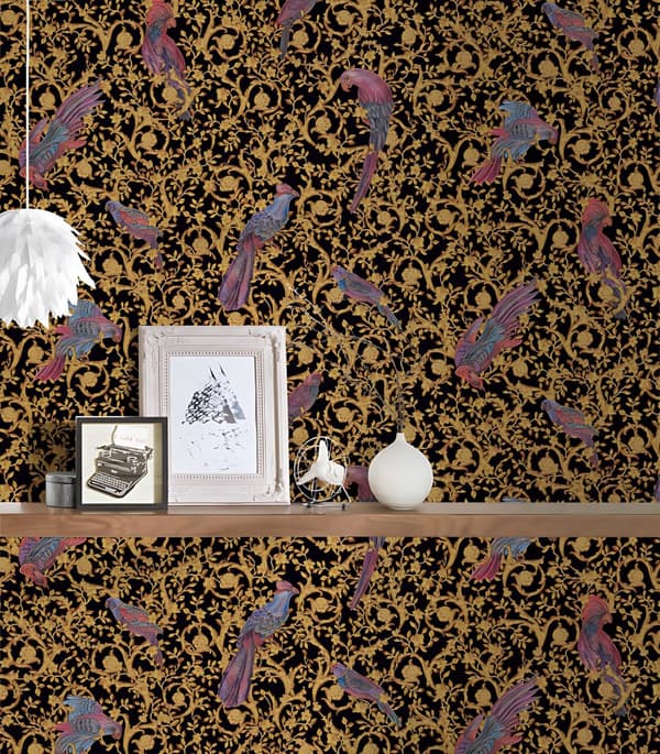 Non woven-tapet fågelmönster Profhome 370531-GU texturerad glansigt mönster matt bakgrund färg guld svart gul 7,04 m2