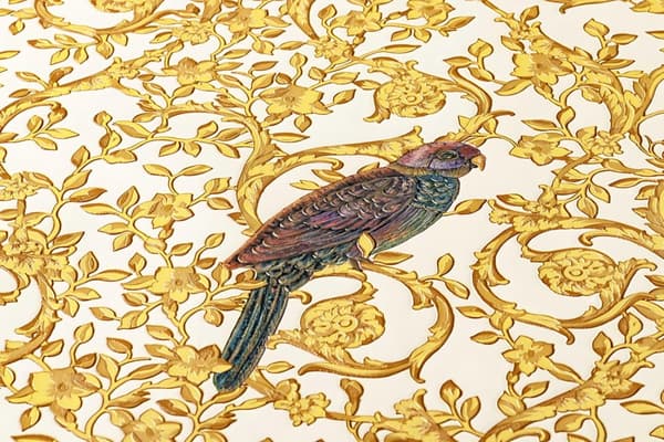 Non woven-tapet fågelmönster Profhome 370532-GU texturerad glansigt mönster matt bakgrund färg guld violett grädde 7,04 m2