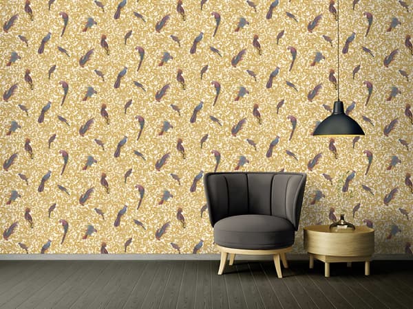 Non woven-tapet fågelmönster Profhome 370532-GU texturerad glansigt mönster matt bakgrund färg guld violett grädde 7,04 m2