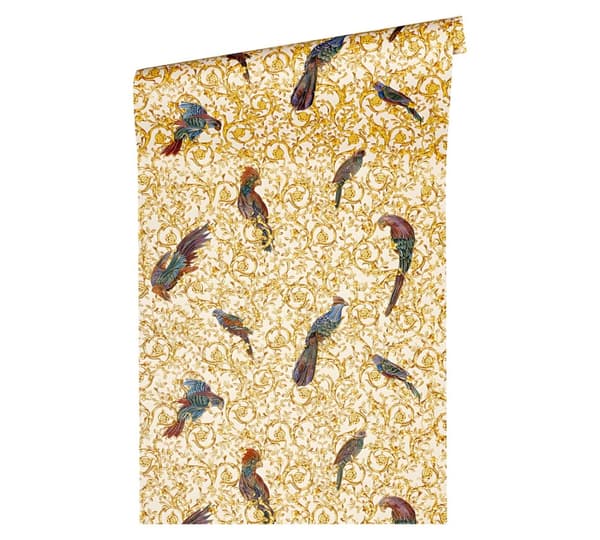 Non woven-tapet fågelmönster Profhome 370532-GU texturerad glansigt mönster matt bakgrund färg guld violett grädde 7,04 m2