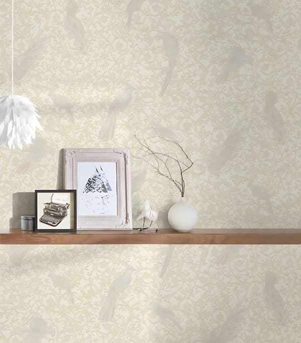 Non woven-tapet fågelmönster Profhome 370535-GU texturerad glansigt mönster matt bakgrund färg silver beige grädde 7,04 m2