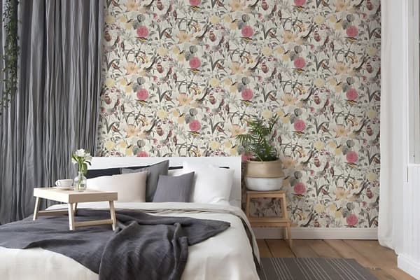 Non woven-tapet blomster Profhome 372761-GU slät matt färg röd gul grå 5,33 m2