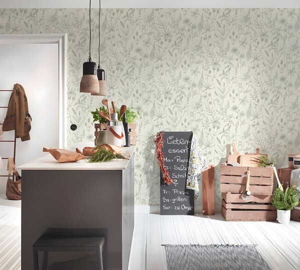 Non woven-tapet blomster Profhome 373635-GU lätt texturerad matt färg grön silver vit 5,33 m2
