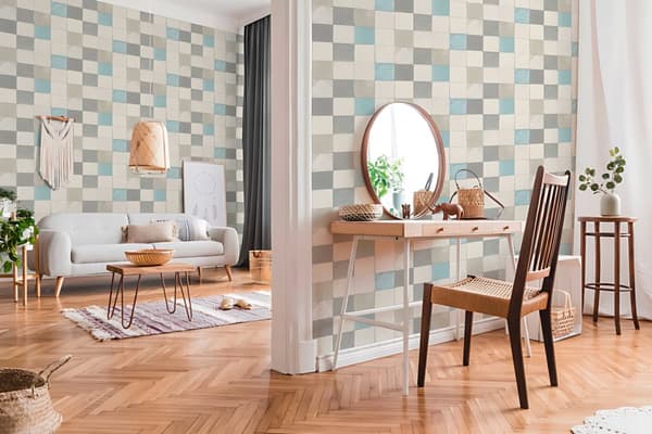 Non woven-tapet kakel mönster Profhome 374061-GU lätt texturerad matt färg grå blå grädde 5,33 m2