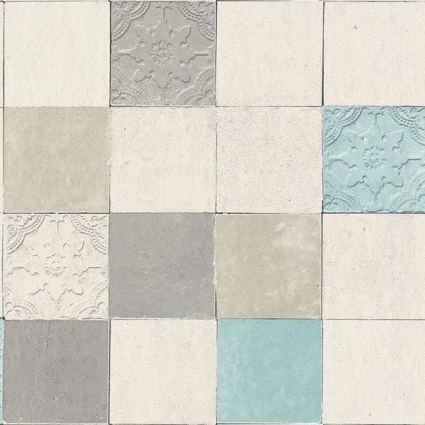Non woven-tapet kakel mönster Profhome 374061-GU lätt texturerad matt färg grå blå grädde 5,33 m2