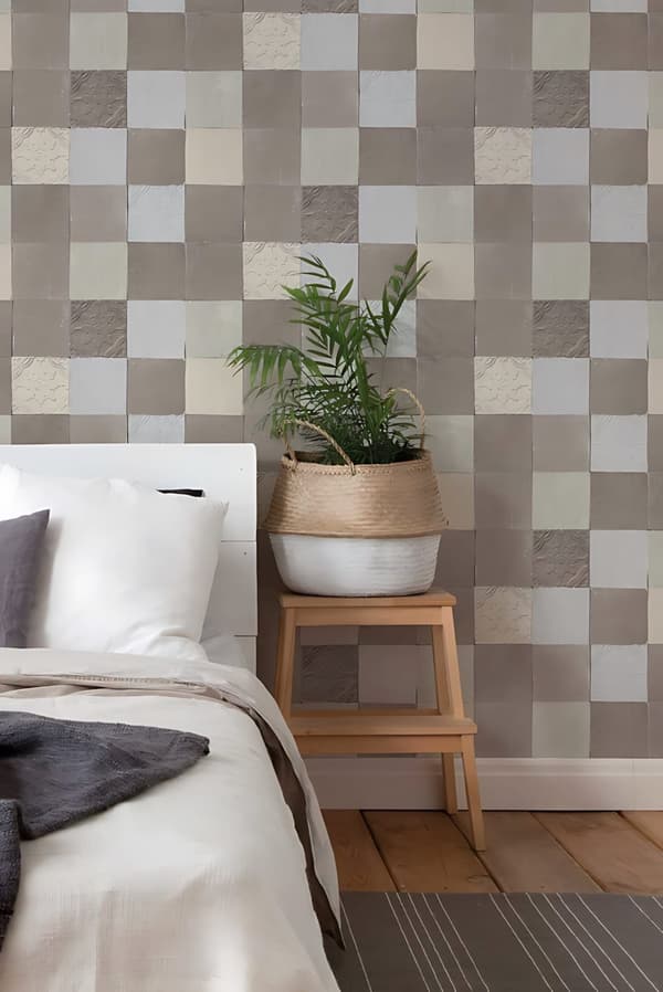 Non woven-tapet kakel mönster Profhome 374063-GU lätt texturerad glansigt färg grå grädde 5,33 m2