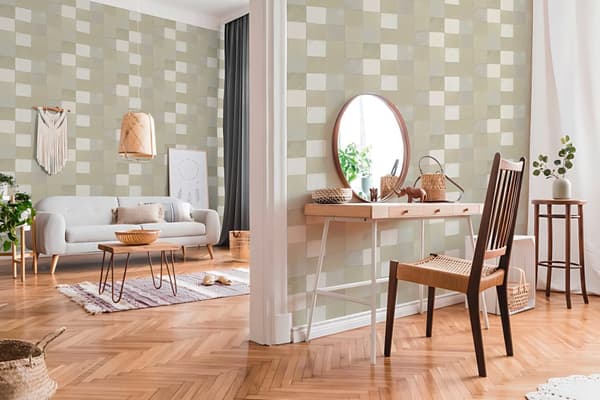 Non woven-tapet kakel mönster Profhome 374064-GU lätt texturerad glansigt färg grädde grå 5,33 m2