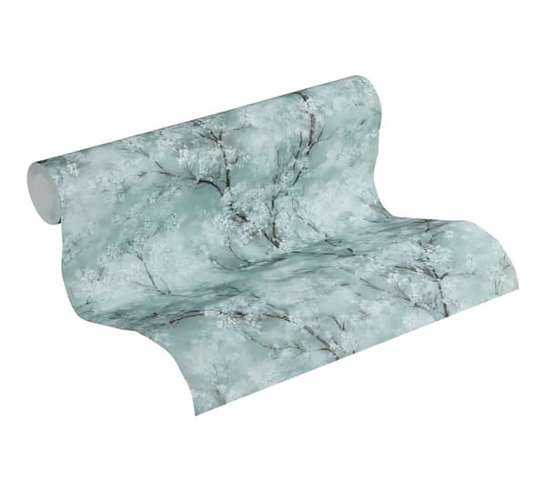 Non woven-tapet blomster Profhome 374203-GU slät glittrande mönster matt bakgrund färg grön blå grå 5,33 m2