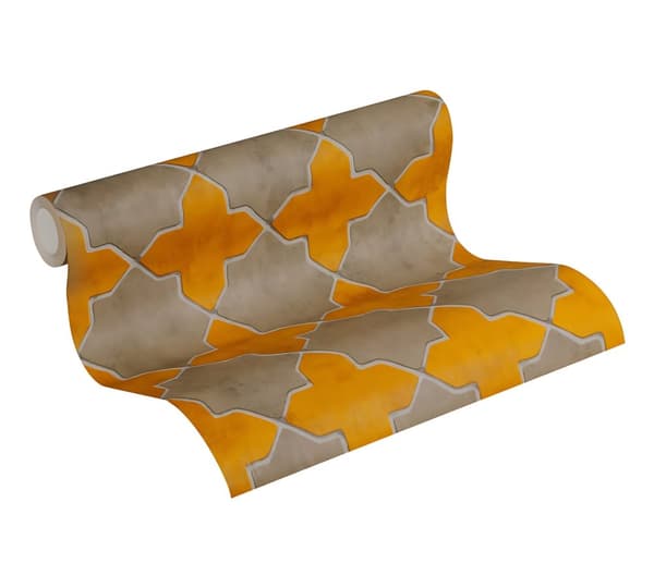 Non woven-tapet geometrisk Profhome 374212-GU lätt texturerad matt färg gul beige grädde 5,33 m2