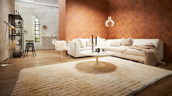 Non woven-tapet begagnad utseende Profhome 374243-GU lätt texturerad glansigt mönster matt bakgrund färg orange guld brun 5,33 m2