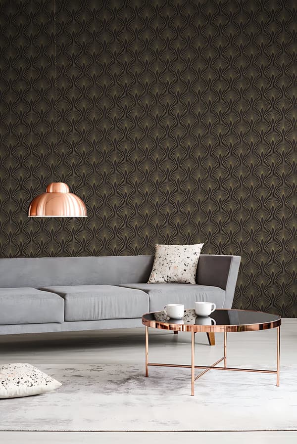 Non woven-tapet ornament Profhome 374273-GU lätt texturerad glansigt mönster matt bakgrund färg svart guld 5,33 m2