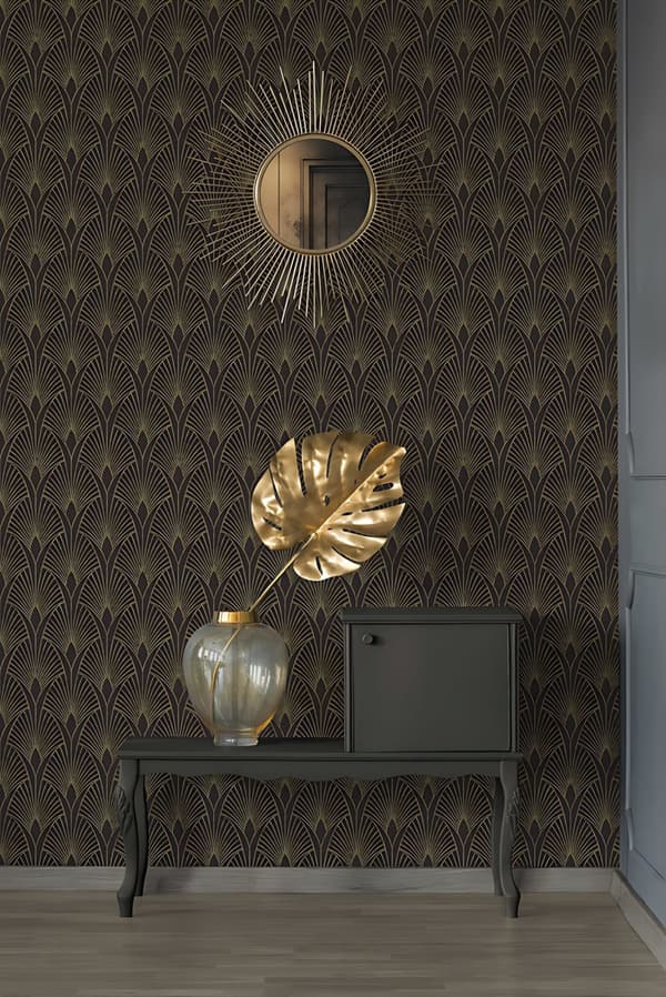 Non woven-tapet ornament Profhome 374273-GU lätt texturerad glansigt mönster matt bakgrund färg svart guld 5,33 m2