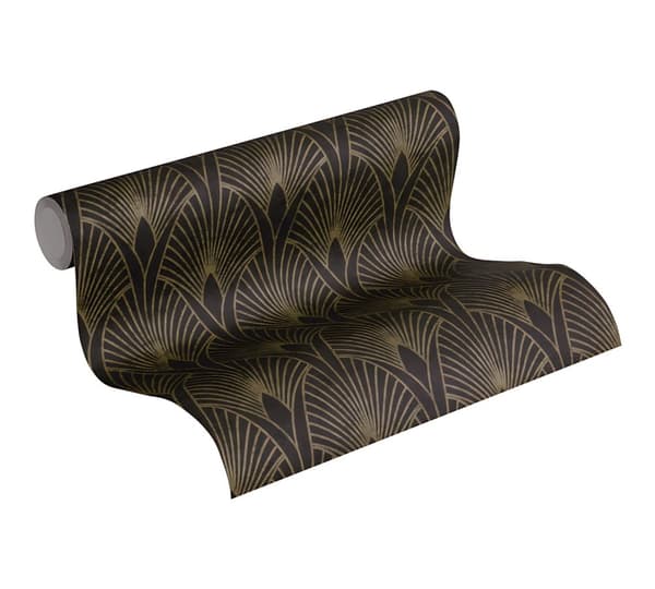 Non woven-tapet ornament Profhome 374273-GU lätt texturerad glansigt mönster matt bakgrund färg svart guld 5,33 m2