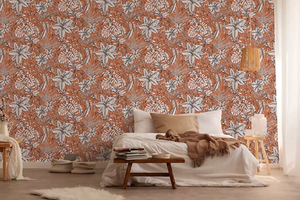 Non woven-tapet blomster Profhome 375204-GU lätt texturerad matt färg orange vit brun 5,33 m2