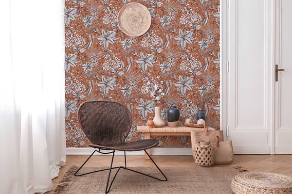 Non woven-tapet blomster Profhome 375204-GU lätt texturerad matt färg orange vit brun 5,33 m2