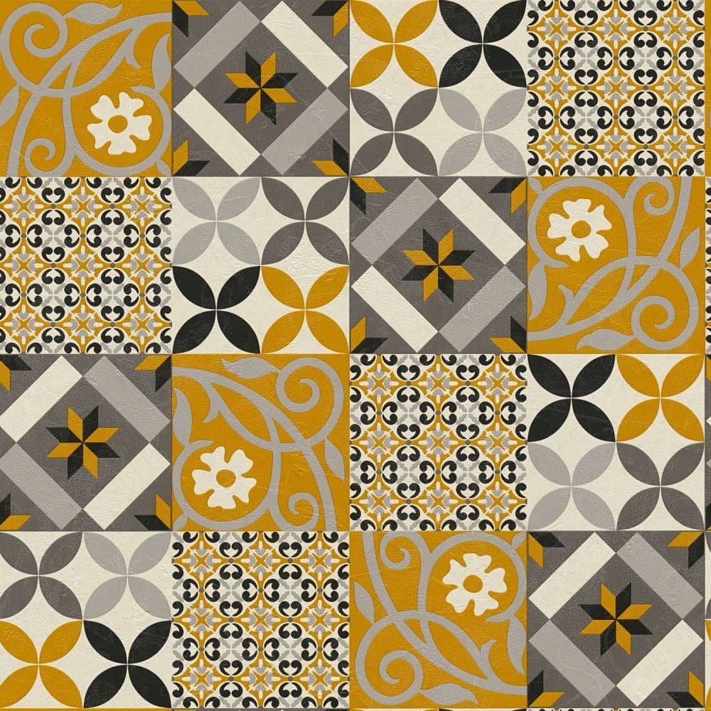 Non woven-tapet kakel mönster Profhome 376841-GU lätt texturerad matt färg svart gul antracit grädde 5,33 m2