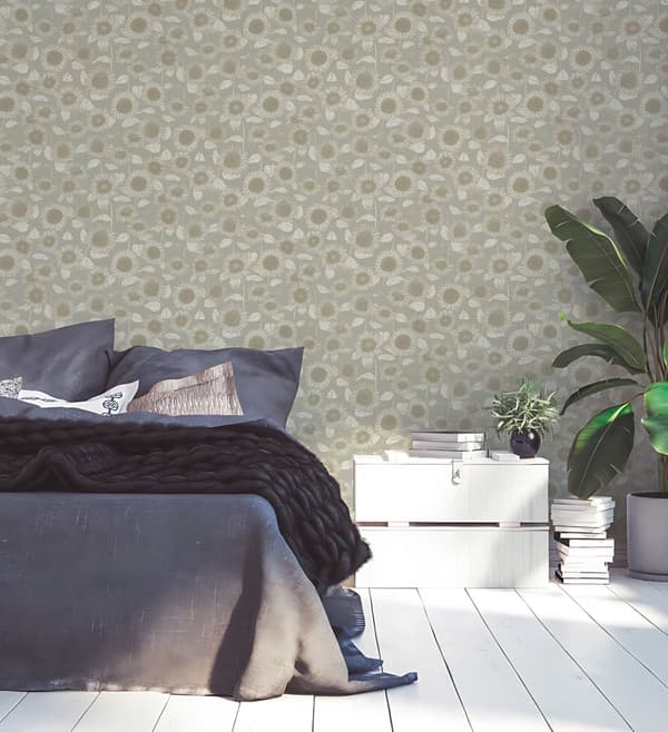 Non woven-tapet blomster Profhome 376852-GU slät glansigt mönster matt bakgrund färg beige grå grädde 5,33 m2
