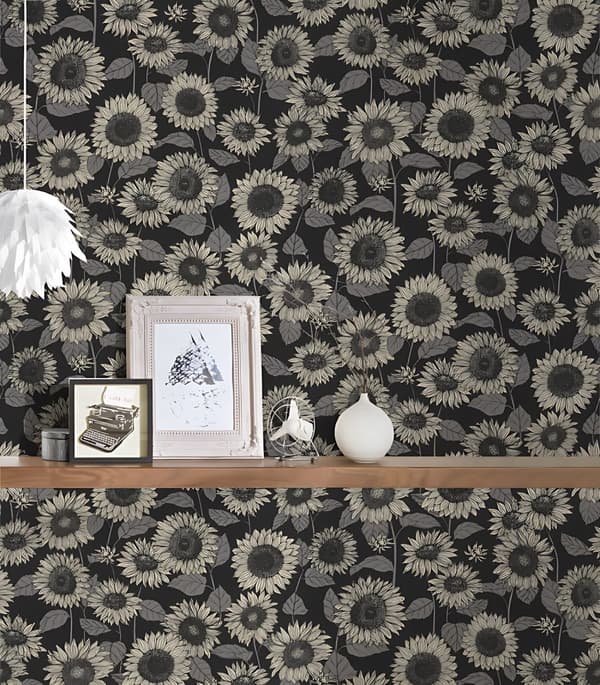 Non woven-tapet blomster Profhome 376854-GU slät glansigt mönster matt bakgrund färg svart antracit grå beige 5,33 m2