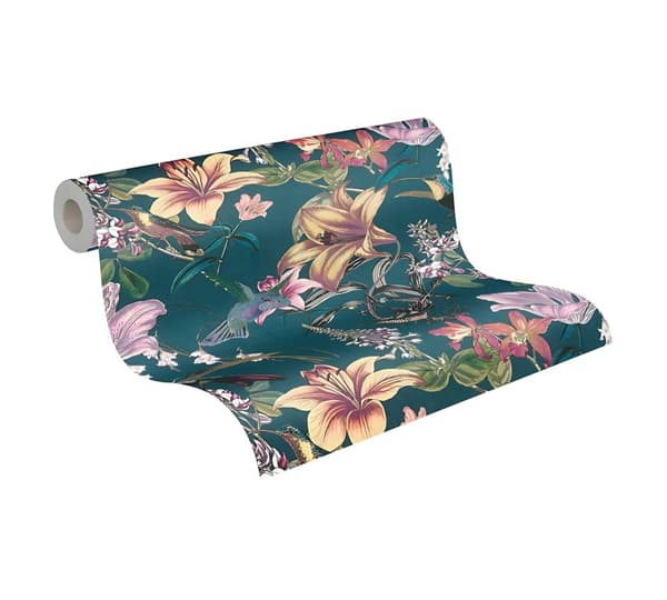 Non woven-tapet kolibrier Profhome 377012-GU slät matt färg blå teal orange gul rosa 5,33 m2