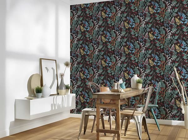 Non woven-tapet blomster Profhome 377511-GU slät matt färg svart grön gul röd 5,33 m2