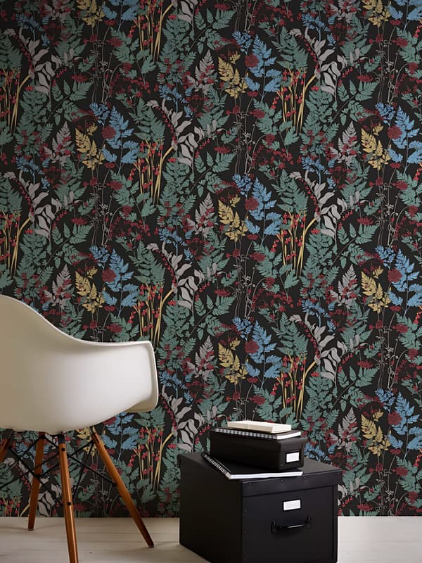 Non woven-tapet blomster Profhome 377511-GU slät matt färg svart grön gul röd 5,33 m2
