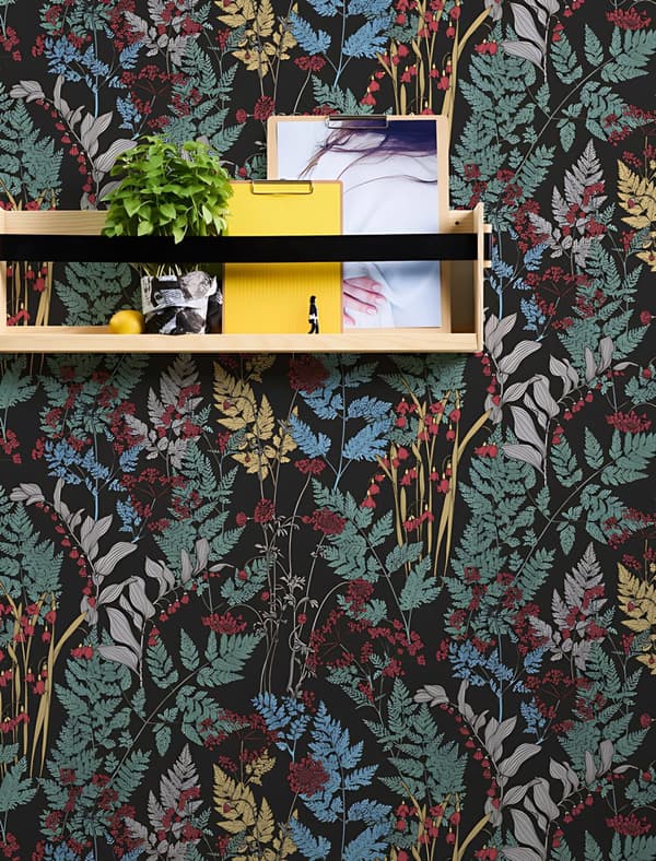 Non woven-tapet blomster Profhome 377511-GU slät matt färg svart grön gul röd 5,33 m2