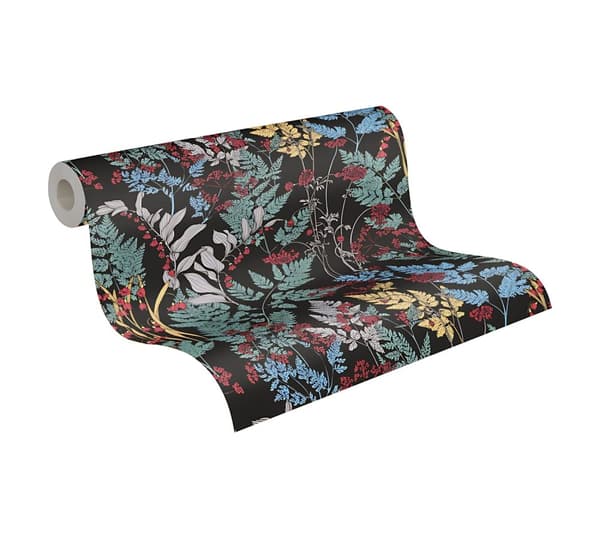 Non woven-tapet blomster Profhome 377511-GU slät matt färg svart grön gul röd 5,33 m2