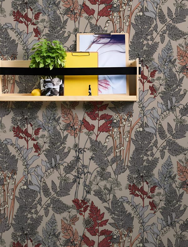 Ikke-vævet tapet blomster Profhome 377512-gu glat mat färg beige grå rød orange 5,33 m2