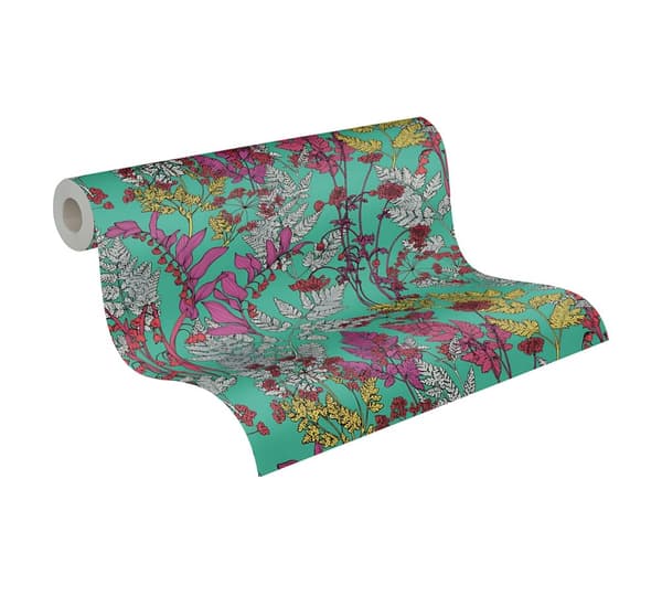 Non woven-tapet blomster Profhome 377516-GU slät matt färg grön violett grå röd 5,33 m2