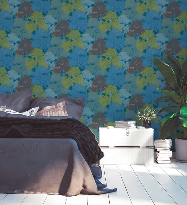 Non woven-tapet skog Profhome 377531-GU slät matt färg blå gul röd grädde 5,33 m2