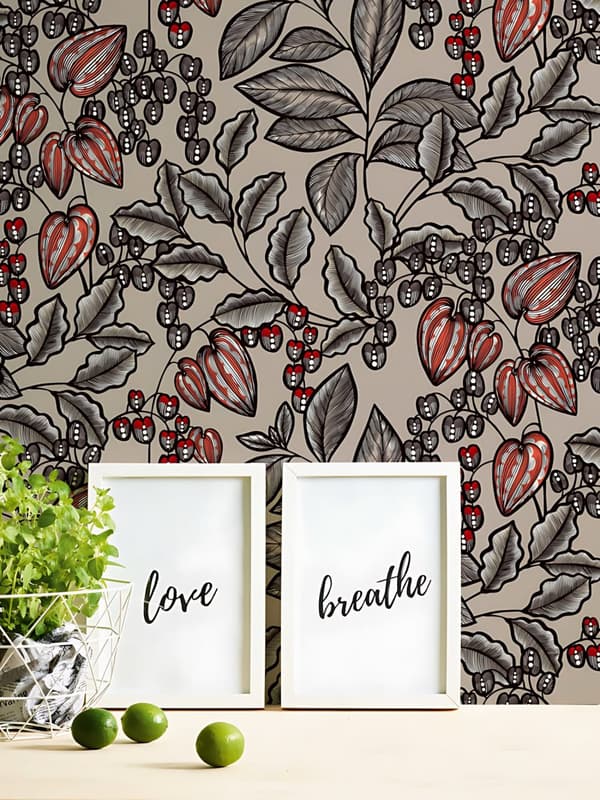 Non woven-tapet blomster Profhome 377543-GU slät matt färg brun grå röd svart 5,33 m2