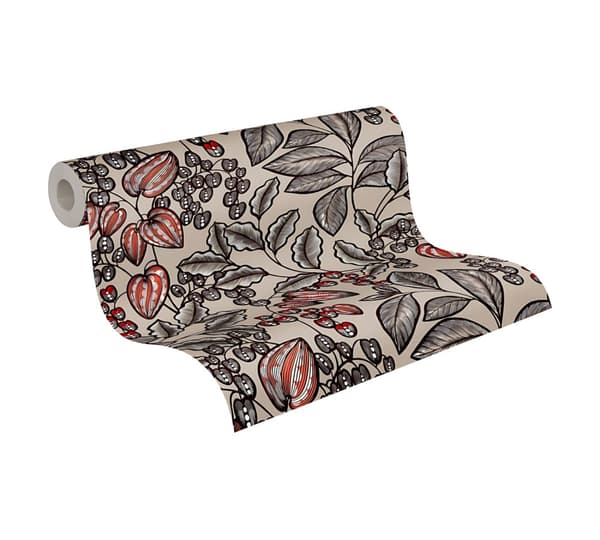 Non woven-tapet blomster Profhome 377543-GU slät matt färg brun grå röd svart 5,33 m2