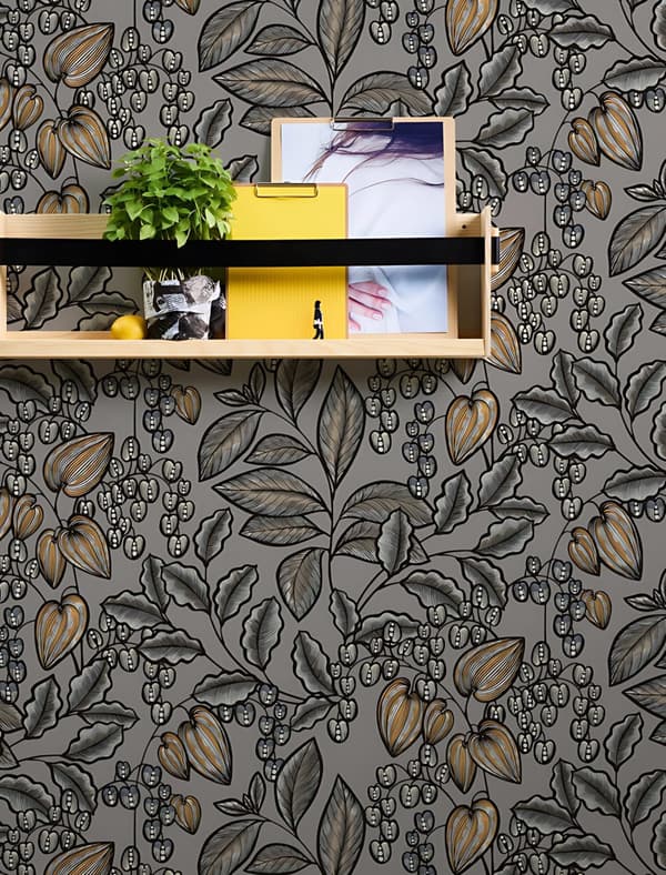 Non woven-tapet blomster Profhome 377549-GU slät matt färg grå brun gul svart 5,33 m2