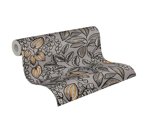 Non woven-tapet blomster Profhome 377549-GU slät matt färg grå brun gul svart 5,33 m2
