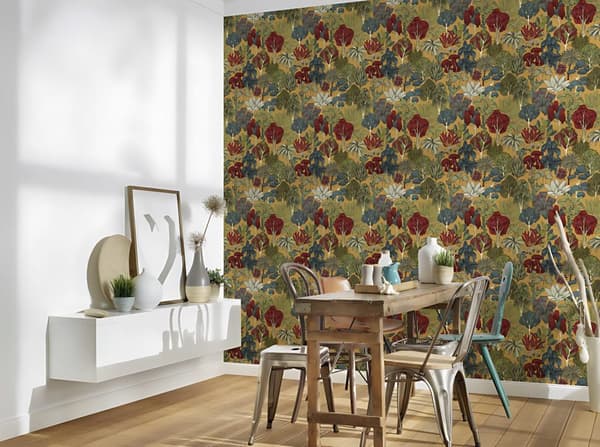 Non woven-tapet skog Profhome 377571-GU slät matt färg gul röd blå fuchsia 5,33 m2