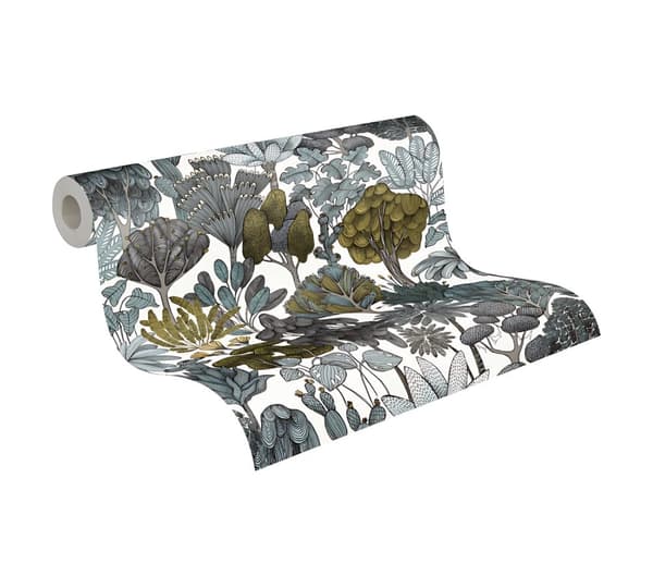 Non woven-tapet skog Profhome 377573-GU slät matt färg grön grå gul vit 5,33 m2