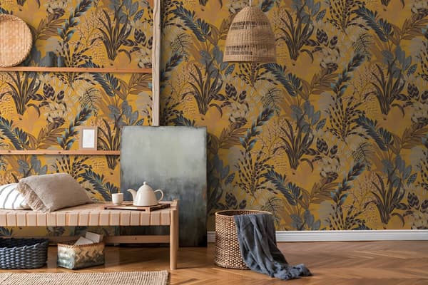 Non woven-tapet blomster Profhome 378601-GU lätt texturerad matt färg gul brun blå beige 5,33 m2