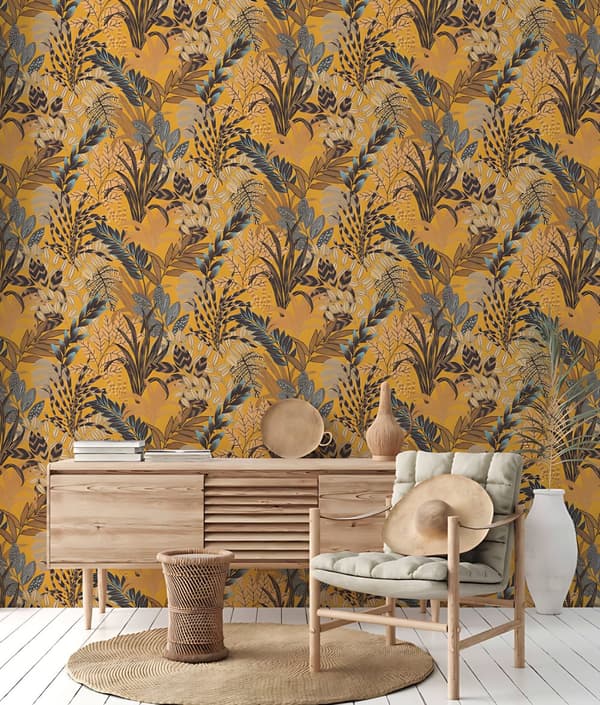Non woven-tapet blomster Profhome 378601-GU lätt texturerad matt färg gul brun blå beige 5,33 m2