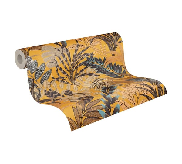 Non woven-tapet blomster Profhome 378601-GU lätt texturerad matt färg gul brun blå beige 5,33 m2