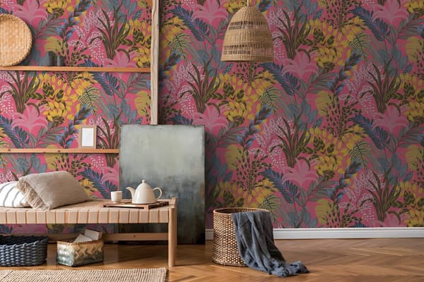 Ikke-vævet tapet blomster Profhome 378602-gu lidt tekstureret mat färg lyserød fuchsia gul blå 5,33 m2